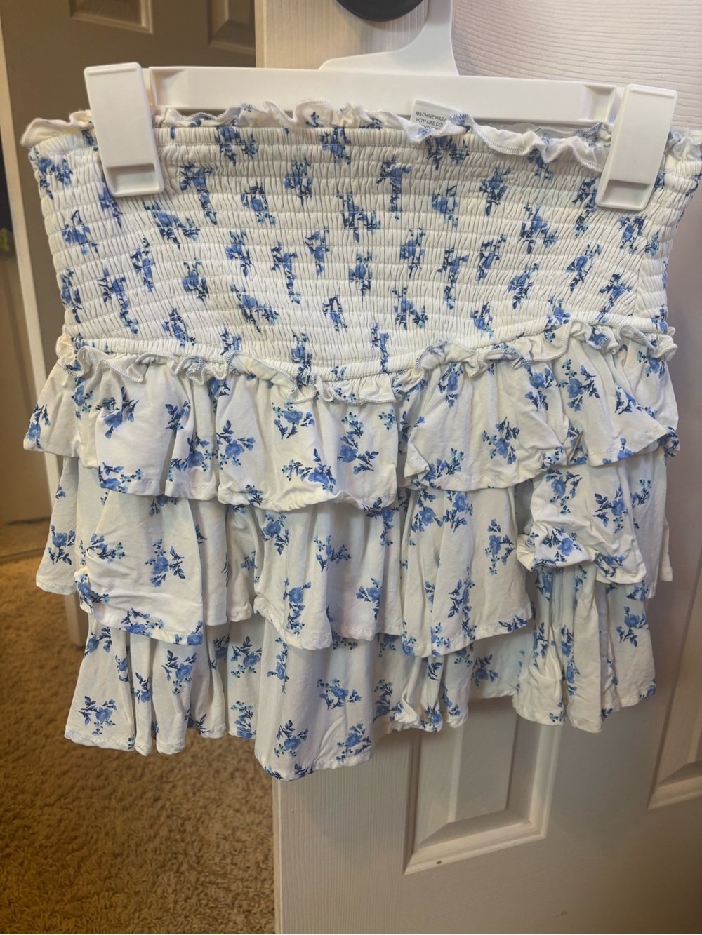 Altar'd State White Mini Skirt with Blue Floral Ruffles